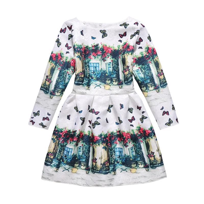 Новый стиль платье для девочек жаккардовое с длинным рукавом принтом длинными