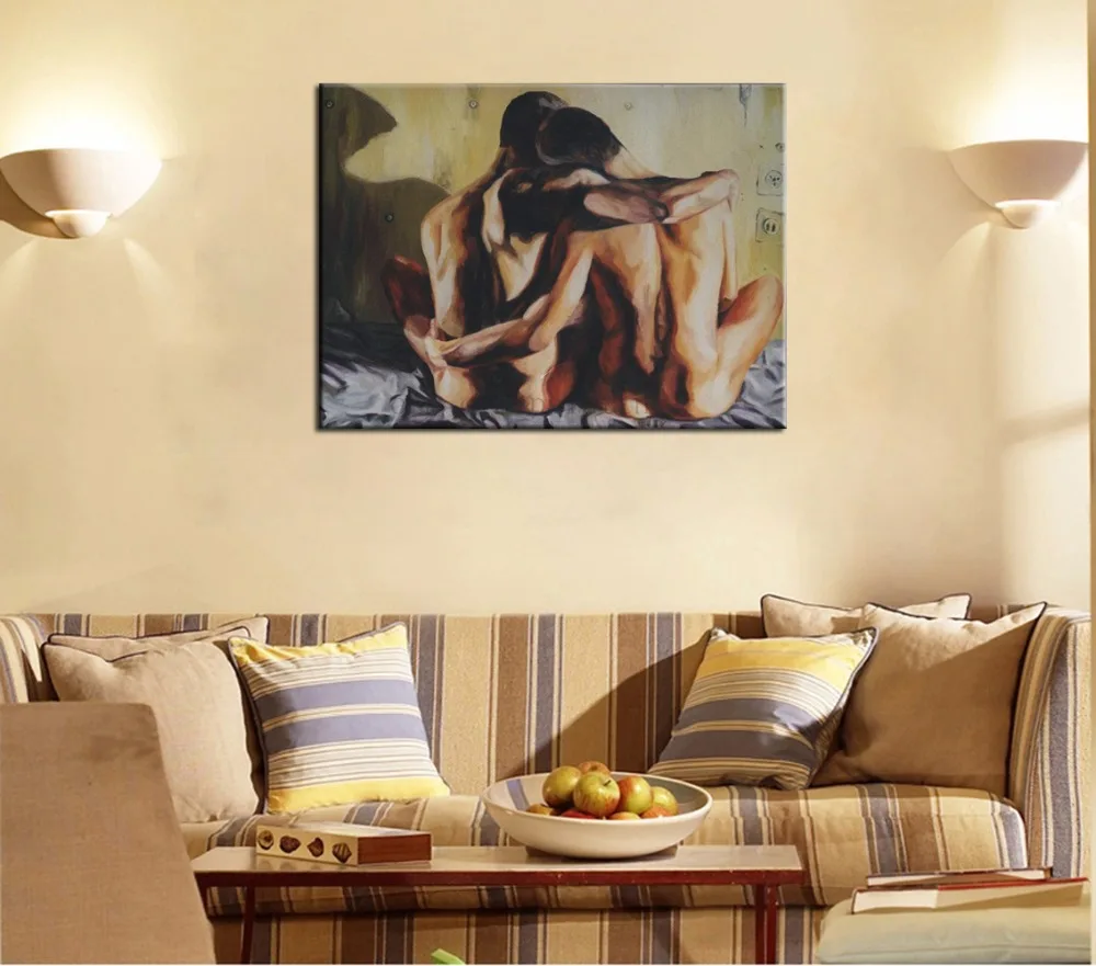 

Hand-painted Art Gay Couple Hugs Nude Oil Painting on Canvas Impression Homosexual Portrait Canvas Painting for Room Decoration