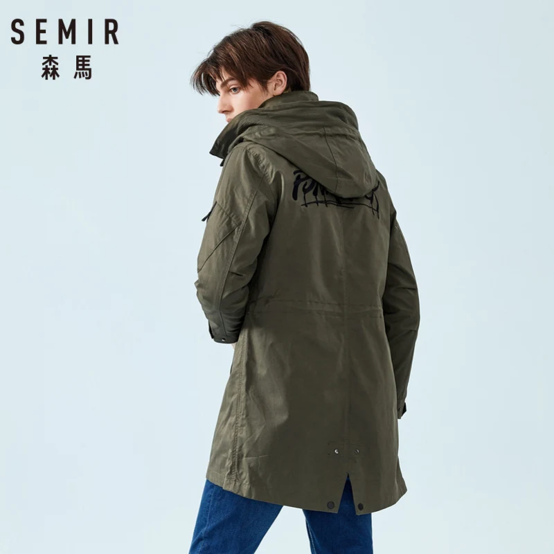 SEMIR мужская длинная куртка с капюшоном на весну и осень карманами молнии