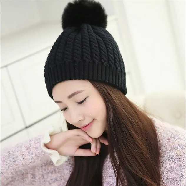 Женщины крышек beanies с пом дамы зимние шапки женские вязаные осень вязать сани