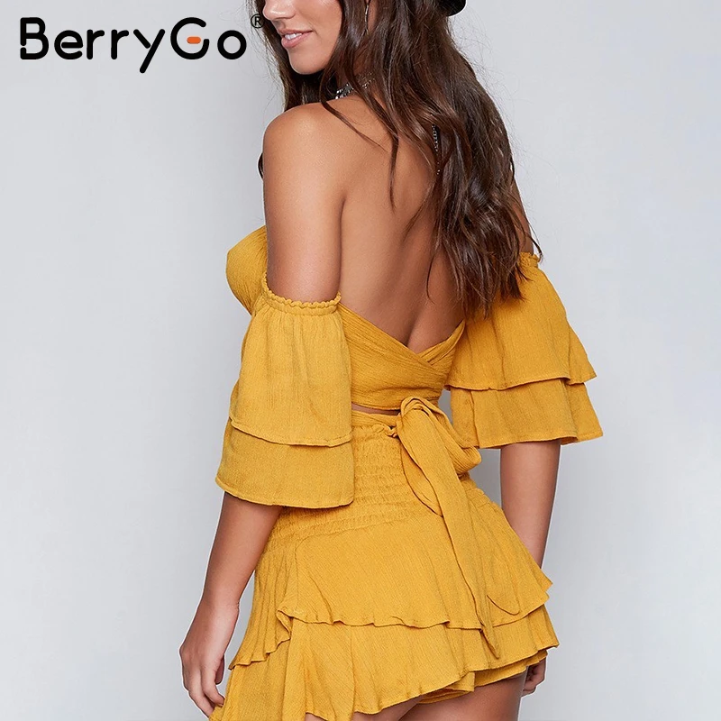 BerryGo оборками с открытыми плечами женщин соблазнительный комбинезон ромпер