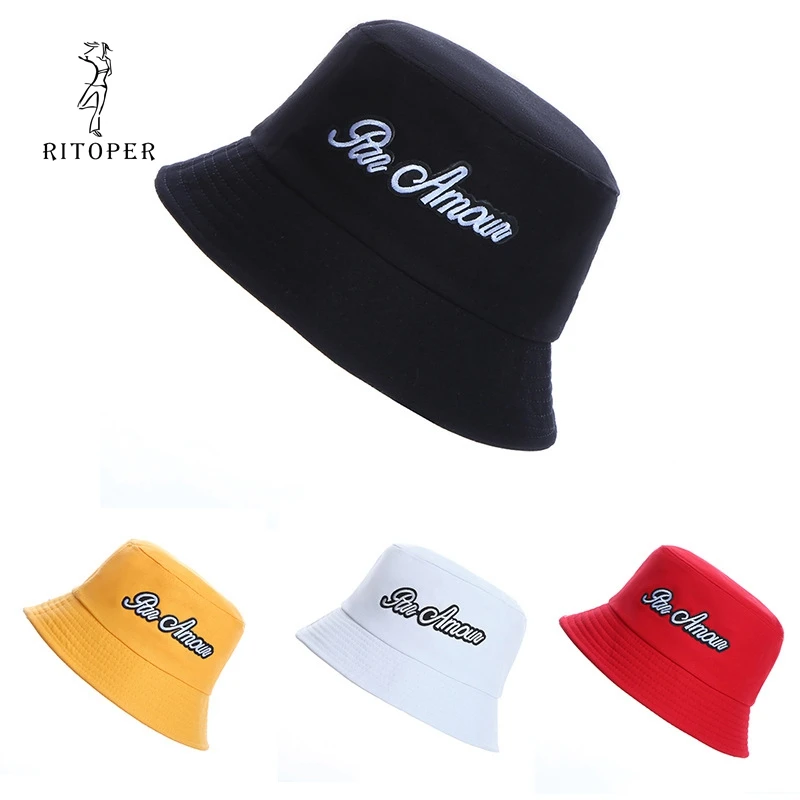 

RITOPER Embroidery Bucket Cap Flat Solid Letter Women Men Cusual Harajuku Novelty Hat Spring Cap Summer Bucket Caps Unisex Hat