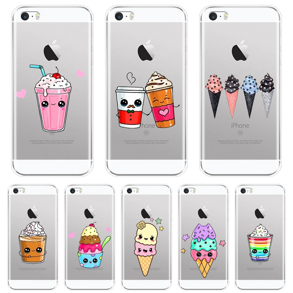 Back Cover For iPhone 4 4S 5 5C 5S SE Sweet Kawaii Cute Funny Ice Cream Drink Soft Silicone Phone Case For Apple iPhone 4 5 S