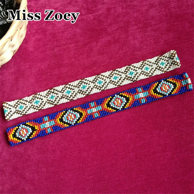 AHO024(1) 2.5cm Wide Blue/White Mexico Indian Style Totem Beaded Handmade Hemp Hippy Boho Woven Adjustable Headband For Women | Украшения и