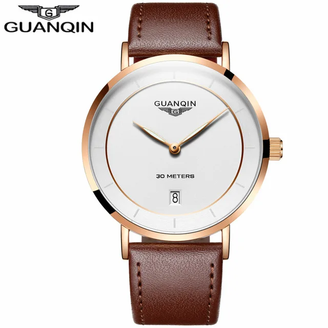 brown RG white B Мужские s часы лучший бренд класса люкс GUANQIN простой дизайн Ультра тонкие кварцевые часы мужские повседневные кожаные мужские часы relogio masculino - Цвет: brown RG white B