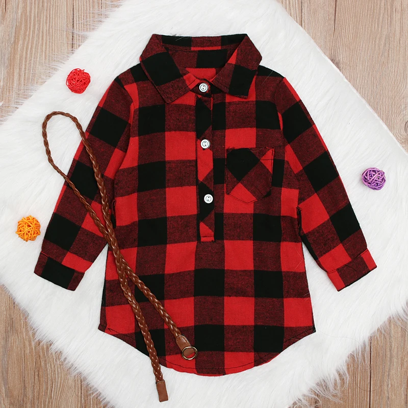 Платье для девочек красное клетчатое платье с поясом и длинным рукавом новинка