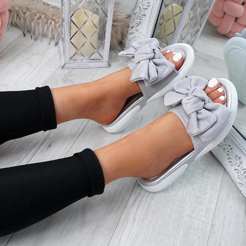 Сандалии женские с бантом босоножки на плоской подошве без застежки открытый