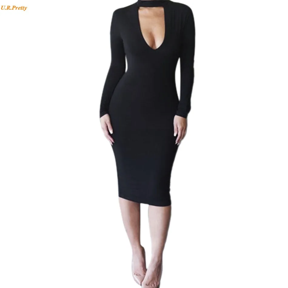 Женщины Fashion Dress Sexy Тонкий С Длинным Рукавом Key Hole Solid Bodycon Карандаш Партия Короткие