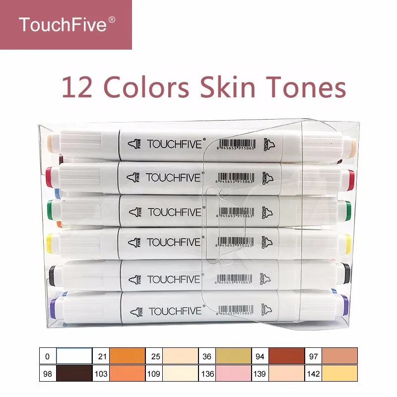 12 Skin Tones White Touchfive 12/24 цветов кожи набор тонов на спиртовой основе чернильные ручки, маркеры для рисования для художника портретная иллюстрация Рисование товары для рукоделия - Цвет: 12 Skin Tones White