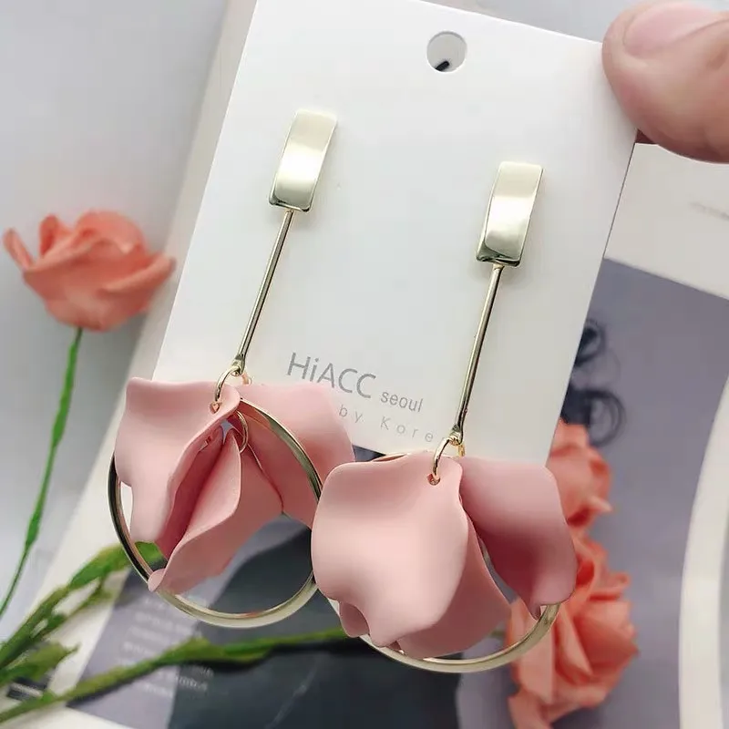 Новые корейские милые висячие серьги большие длинные массивные лепестки цветок