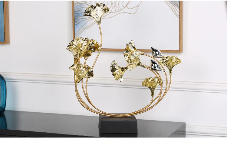 Luxury Gold Resin Ginkgo Leaf Metal Plant Figurines Home Furnishing Decoration Crafts Hotel Livingrroom Fengshui Desk Ornaments