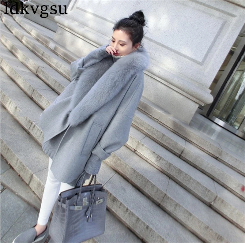 

2020 New Autumn Winter Long Woolen Jacket Women Fashion Loose Thicken Warm Fur Collar Cardigan Wool Coat Plus Size Overcoat A454