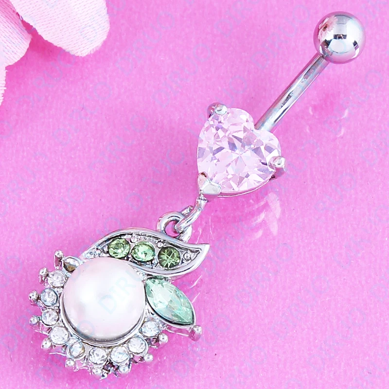 Кольцо для пупка с искусственным жемчугом и зеленым листом