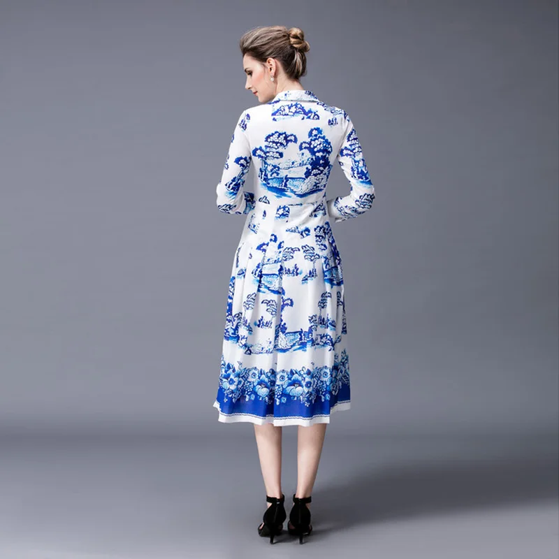 ВЫСОКОЕ КАЧЕСТВО Новые Моды 2017 Дизайнер Dress женская С Длинным Рукавом Синий