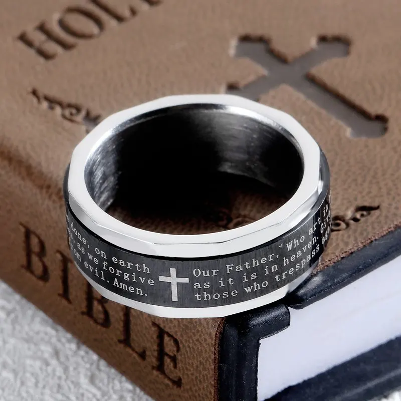 Fate Love Rotating Ring Men Jewelry Vintage Black Bible Cross Rings Stainless Steel Party Anillos Titanium Mens Jewellery | Украшения и