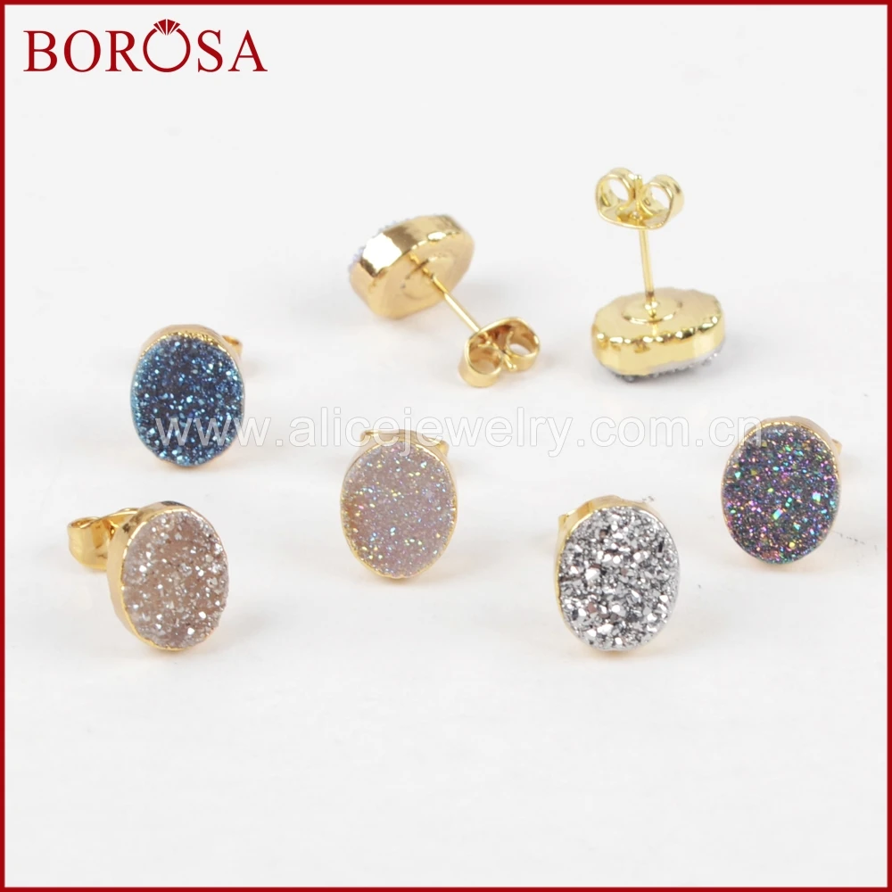 Модные серьги гвоздики BOROSA из настоящего камня овальные золотого цвета с