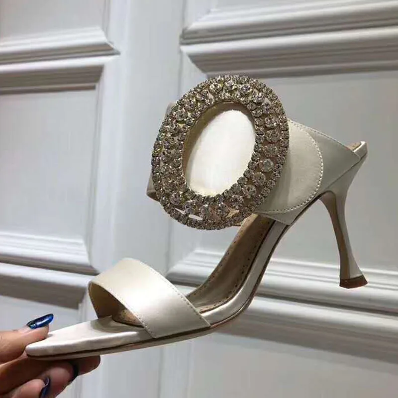 Satin Sandals Women Peep Toe Mixed Color Rhinestone Buckle High Heel Shoes Woman Sexy Party Shoes Mules Slippers