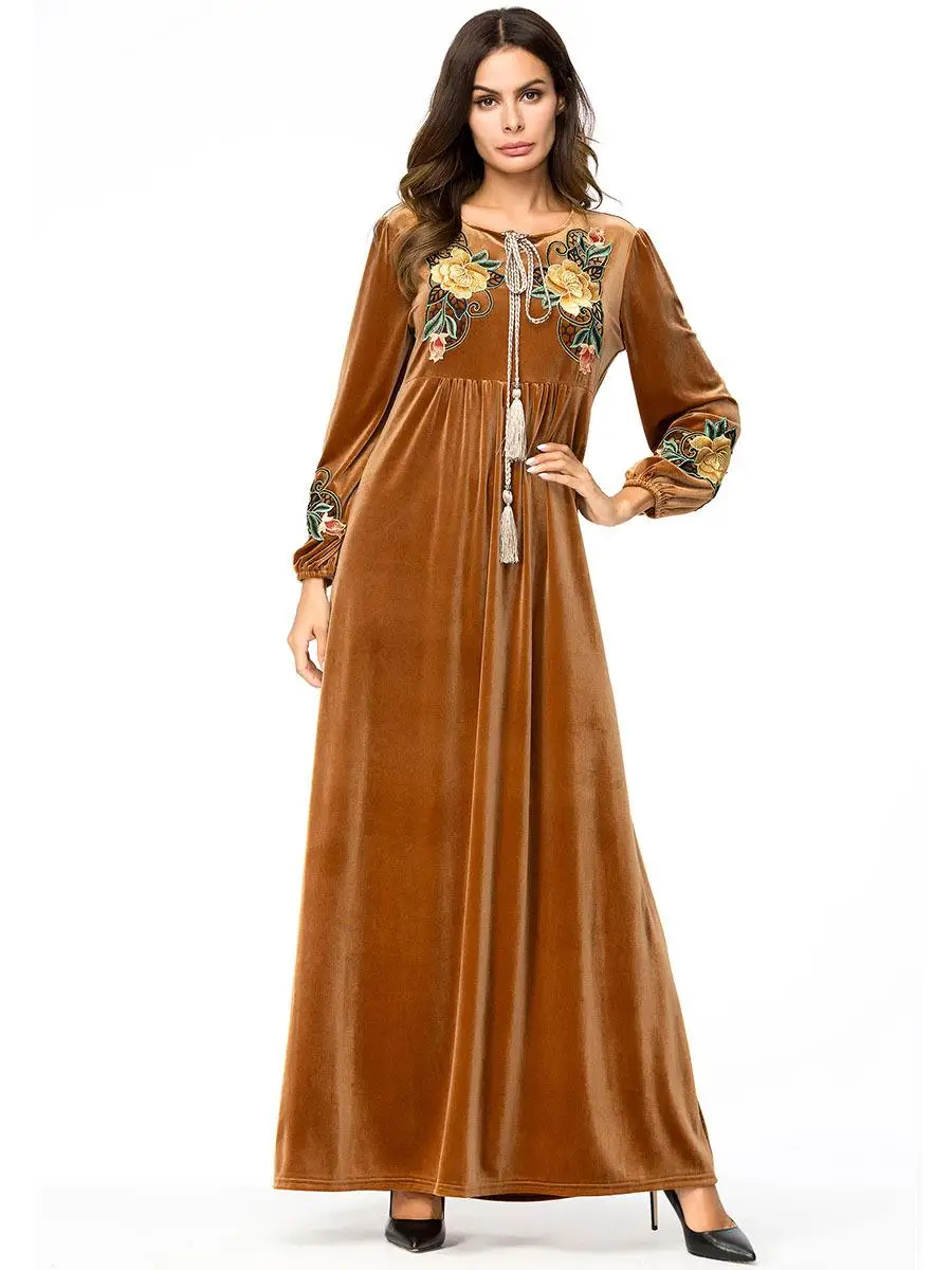 Исламское платье вышивка повседневное свободное коричневый джилбаб бархат