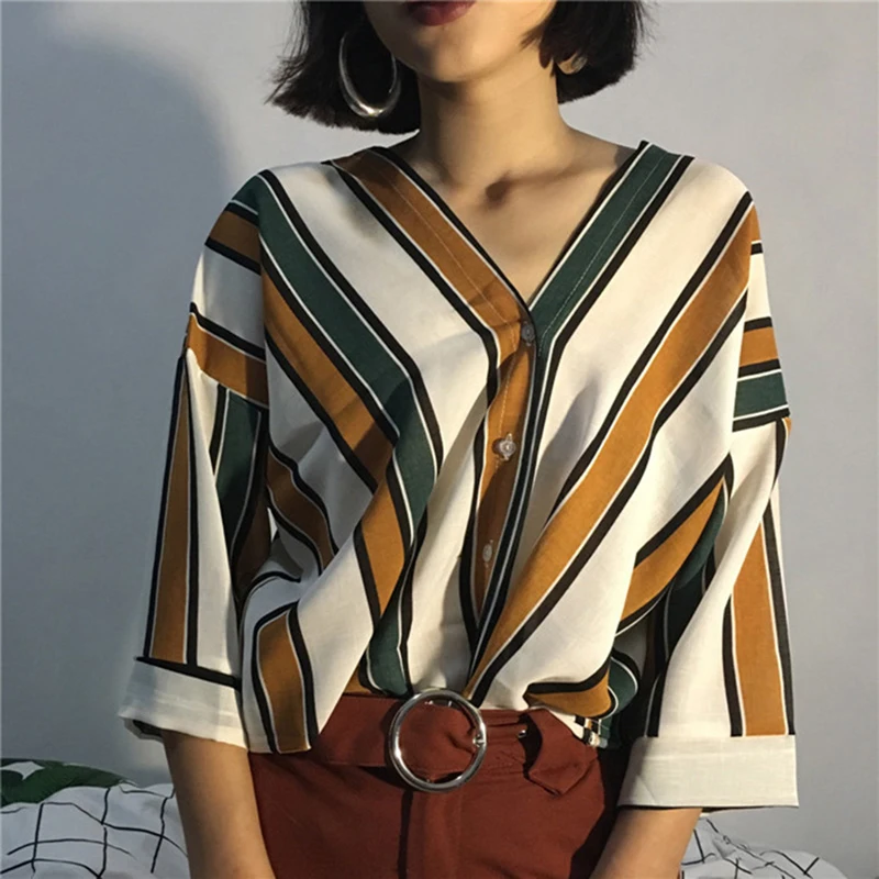 Новая Осенняя рубашка Женская полосатая блузка на пуговицах с v-образным вырезом