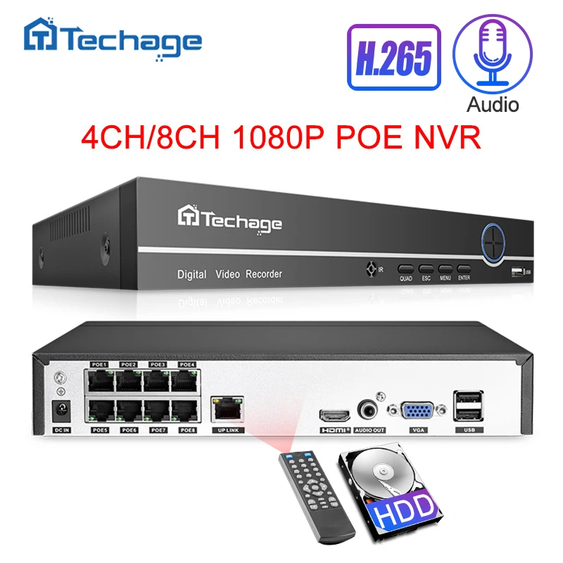 H.265 8CH 4CH 1080P 2.0MP 48V POE NVR аудио запись сетевой видеорегистратор для ONVIF IP камеры