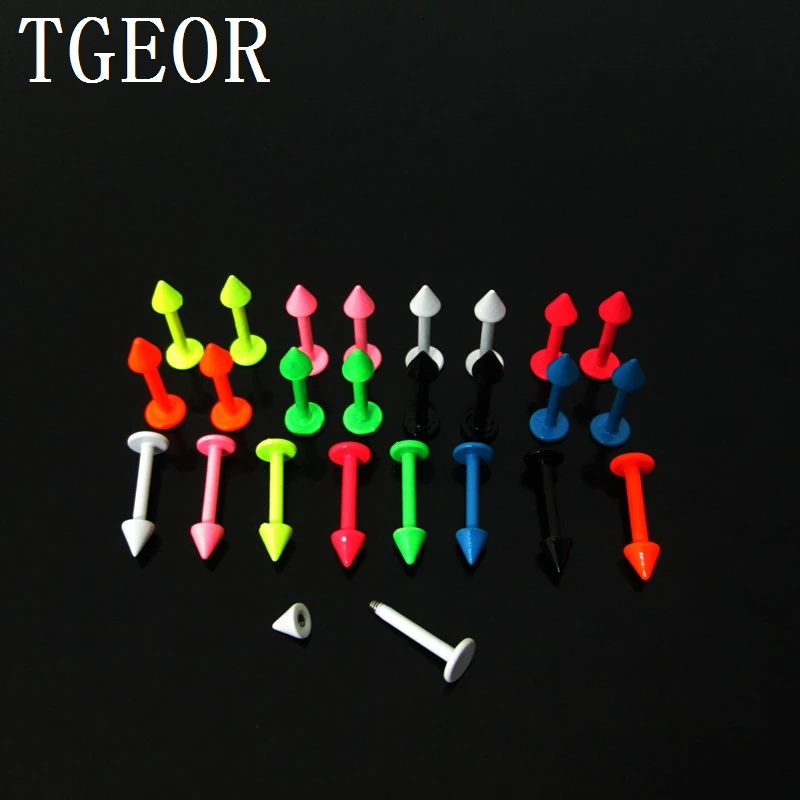 

Hot new arrive wholesale 1.2*8*3mm SPIKE labret piercing 100pcs surgical Stainless Steel neon colors labret lip ring