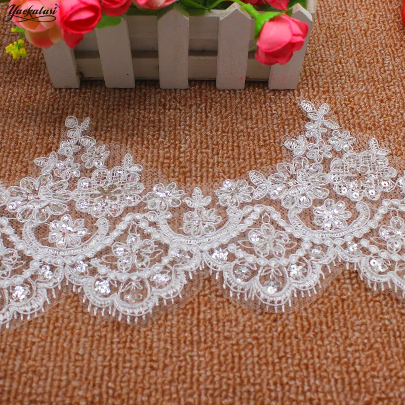 Блестками вышивка кружева для свадебное платье фигурной каймой шикарное белое с