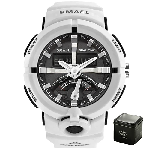 White with box Мужские часы, водонепроницаемые, SMAEL, брендовые, роскошные часы, хронограф, Автоматическая Дата, наручные часы, красные, 1637, часы, электронные, мужские часы, цифровые - Цвет: White with box
