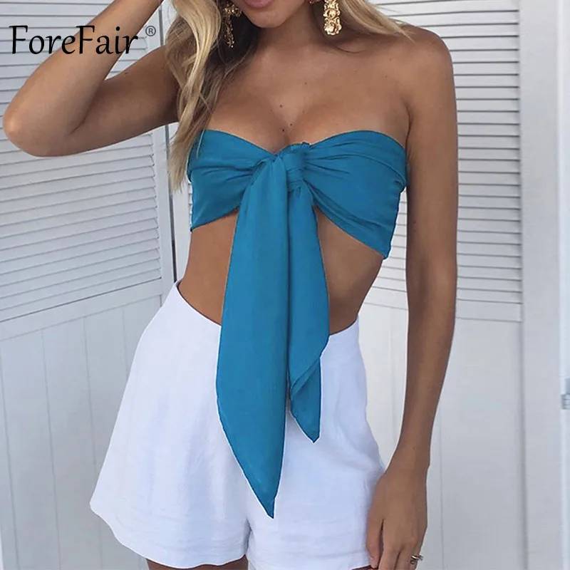 Forefair, бандажный укороченный топ, сексуальные, с открытыми плечами, вечерние, Клубные, многополосные, с запахом, с перекрестной шнуровкой, на бретелях, с открытой спиной, пляжные, летние топы - Цвет: Lake Blue Crop Top