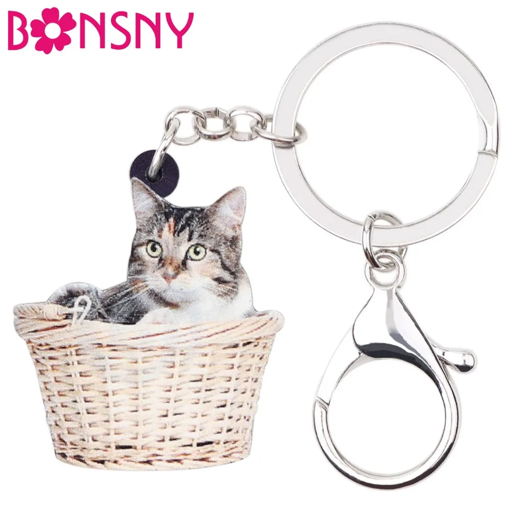 Bonsny акриловые брелки в виде милой корзины для котят и кошек кольца ключей