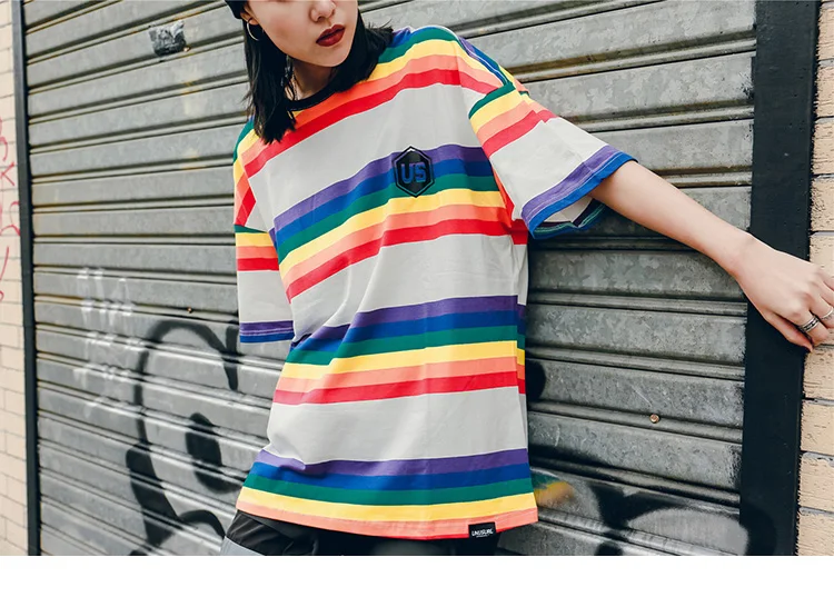 Мужская хип-хоп Футболка Harajuku Радужная полосатая футболка корейский стиль Ретро Уличная летняя хлопковая Футболка большого размера