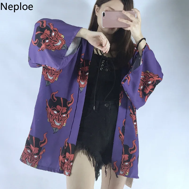 Neploe Japanese Kimono Cardigan Women Shirt Plus Size Female Blouses Harajuku Punk Purple Pink Coat Summer Beach Outwear 38593 |