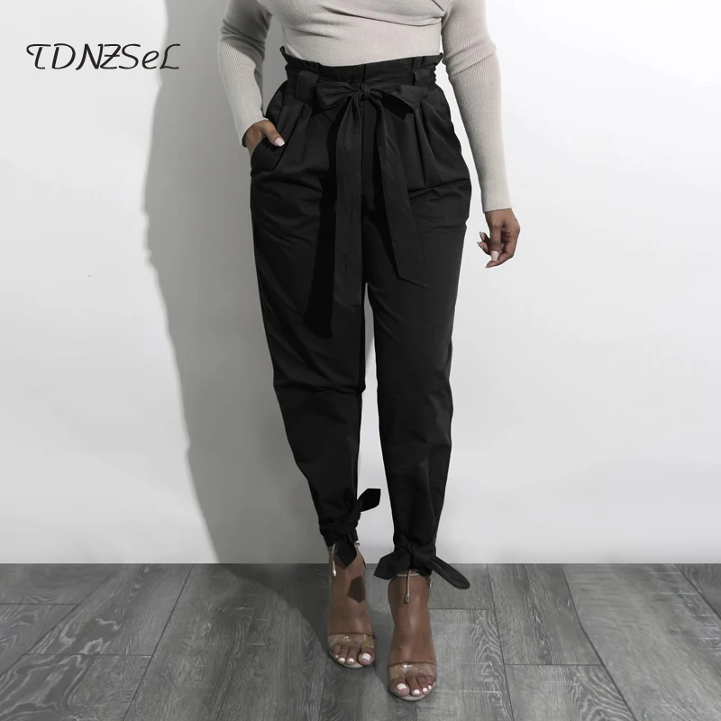 2018 Women Casual Loose High Tie Waist Pencil Pants Sexy Slim Bow Lace Up Long Legging Pant Solid Vintage Bandage Fashion Sashes | Женская