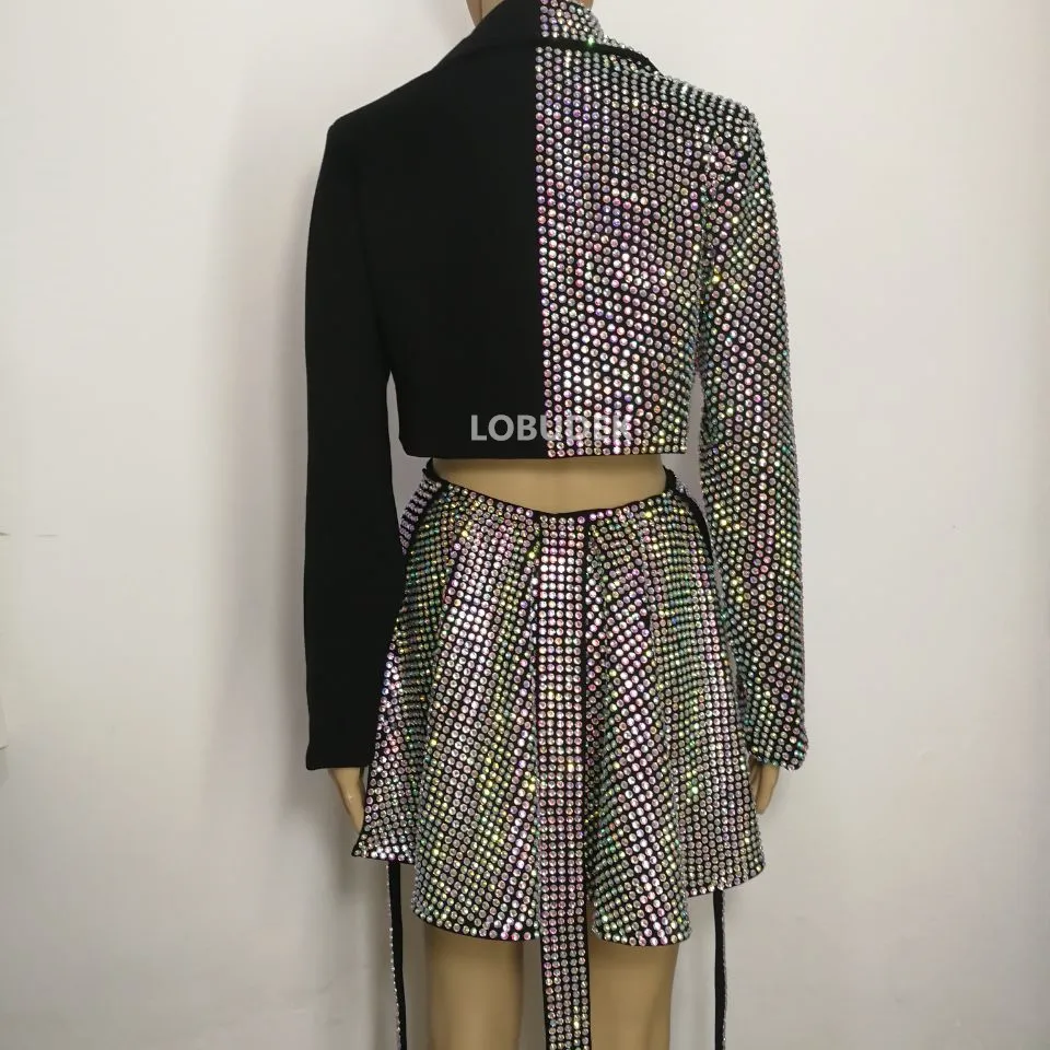Женский короткий костюм двойка AB жакет со стразами и блестящими кристаллами для