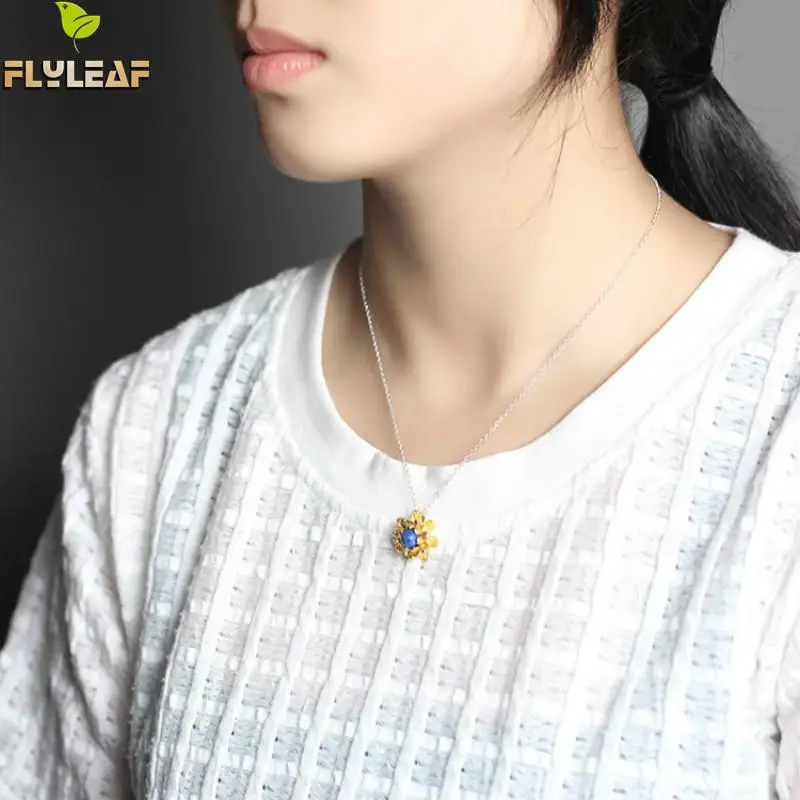 Женское ожерелье с подвеской в виде цветка лазурита Стерлинговое Серебро 925