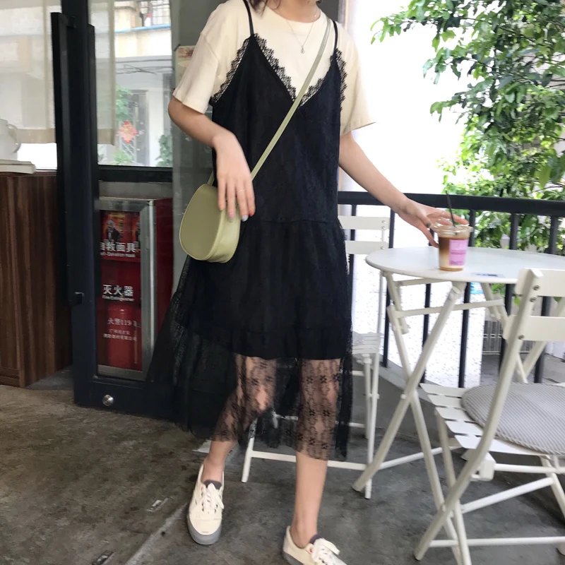 2 цвета летнее платье 2019 корейский стиль женщин Спагетти ремень a линия V шеи