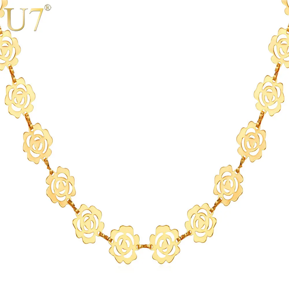 

U7 Vintage Rose Necklace For Women Cute Jewelry Gift Gold Color Trendy Link Chain Collana Donna Wholesale N482