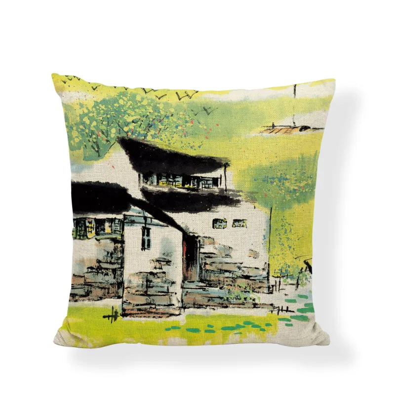 Watercolor Chinese Ancient Town Building Cushion Covers 45 cm Swallow Boat Willow Home Living Room Sofa Decorative Pillow Cases | Дом и сад
