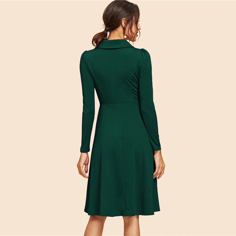 SHEIN Платье Клеш С Длинными Рукавами Офисное Платье с Высокой Талией Элегантные Однотонные Платья