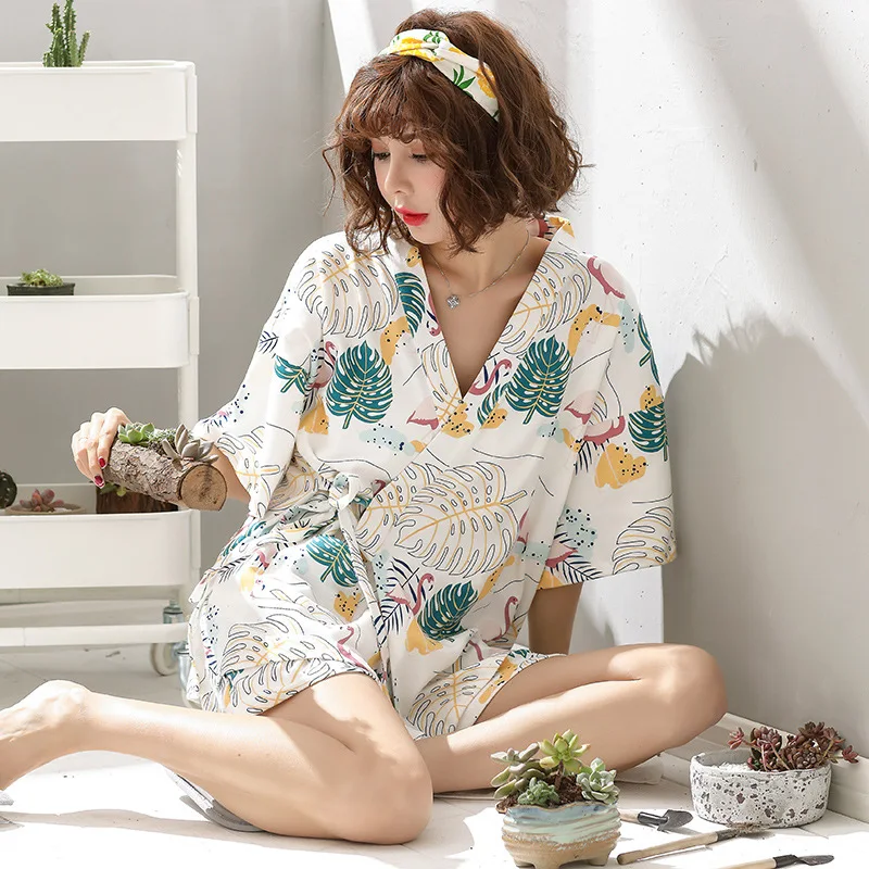 Кимоно для женщин, PyjamasSummer, хлопок, с короткими рукавами, из двух предметов, японский сексуальный пижамный комплект для девочек, открытые рубашки, домашние костюмы, одежда для сна