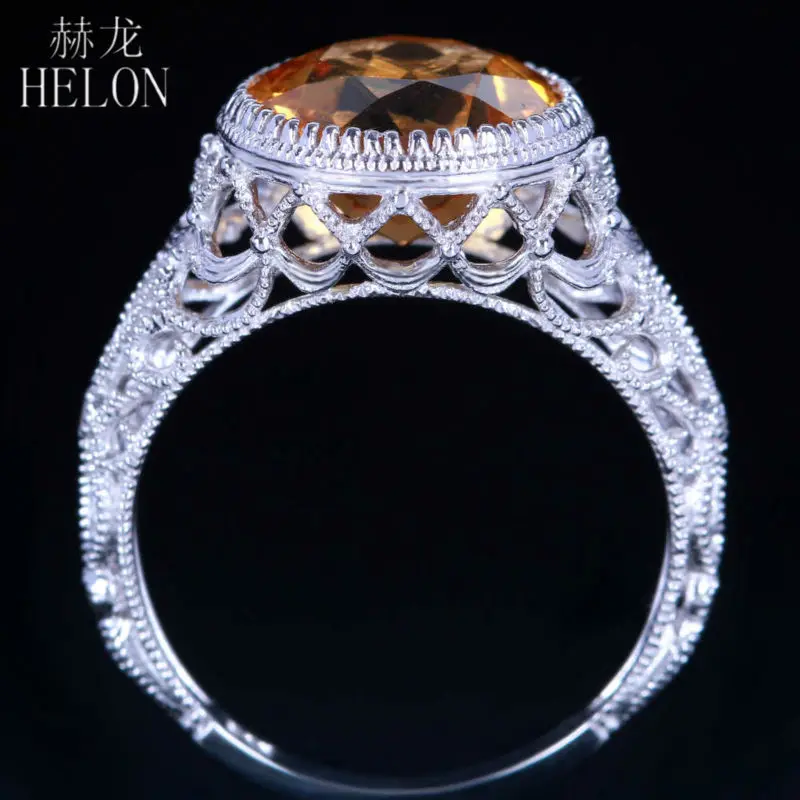 

HELON Solid 14K White Gold Flawless Round 10mm Natural Citrine Engagement Ring Women Wedding Anniversary Vintage Unique Jewelry