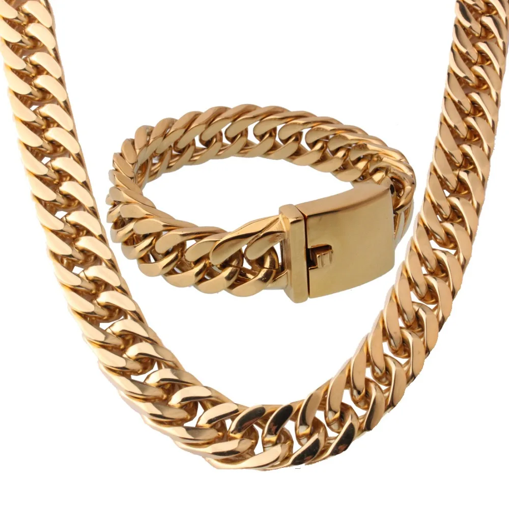 

17mm Huge Heavy 316L Stainless Steel Gold Tone Cuban Curb Link Chain Men's Boy's Necklace 24" And Bracelet 8.66" Jewelry Sets