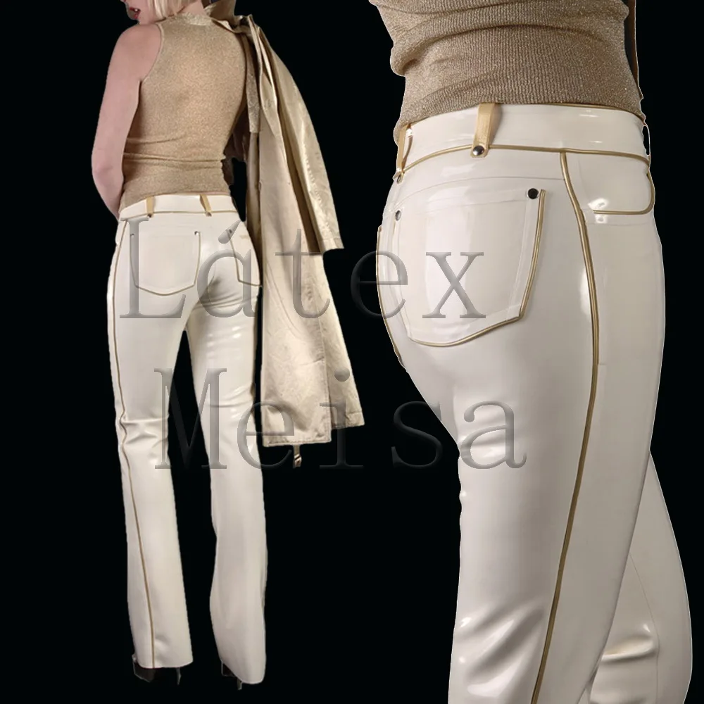 Women' sexy latex straight pants made from 100% natural latex materials and decoration with gold trims in white color