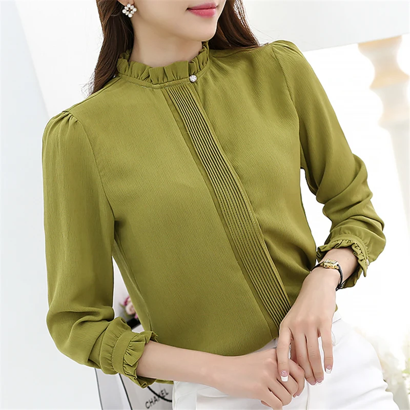 Женская шифоновая блузка с воротником стойкой и длинным рукавом|women blouses|women blouse