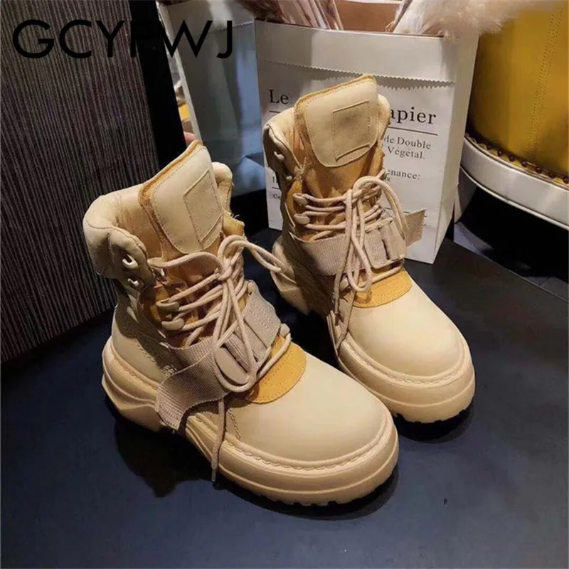 GCYFWJ Women Boots Luxury Brand Shoes Woman Street Fashion Round Toe Platform Lace Up Knight Ankl le Boots Ladies Autumn XF360