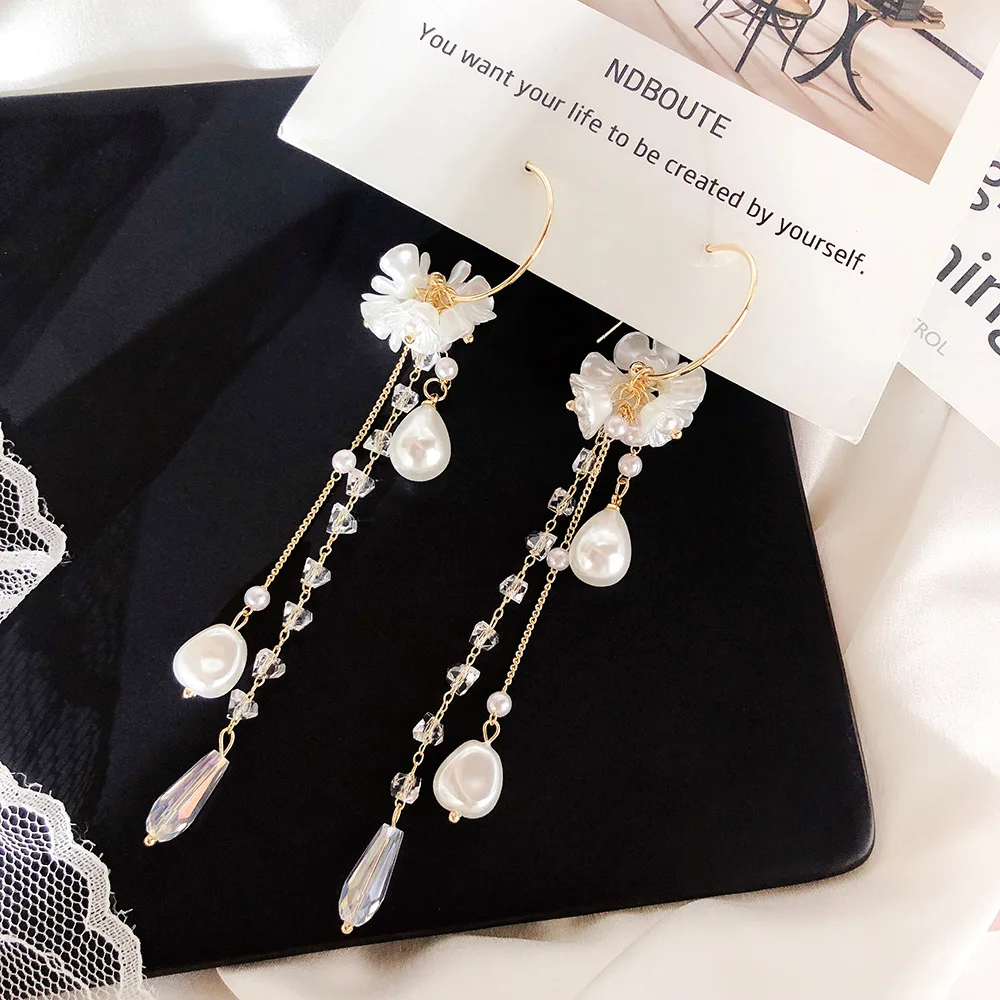 Dominated 2019 Fashion Style Shell Flower Pearl Women Drop earrings Contracted crystal long tassel |