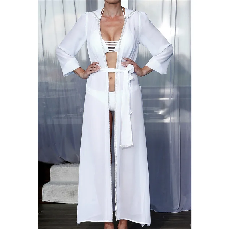 Hooded White Женский шифоновый кружевной кафтан бикини, накидка, элегантное Прозрачное кимоно, кардиган, Femme, Плайя, туника, платье, Пляжная накидка, пляжная одежда - Цвет: Hooded White