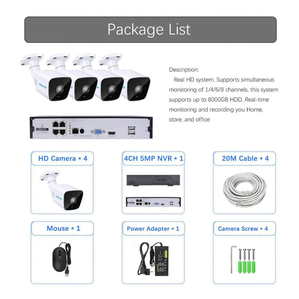 Глаза. sys аудио H.265 POE CCTV системы 4CH 5MP HDMI NVR и HD IR 2.0MP 1920*1080P камера система наблюдения