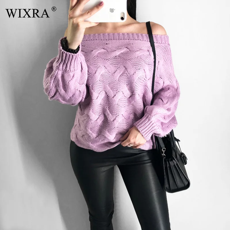 WIXRA Women Fashion Sweaters And Pullovers Rib Knitted Sweater Slash Neck Knitwear Casual Long Sleeve Jumper Tops AW101 | Женская одежда