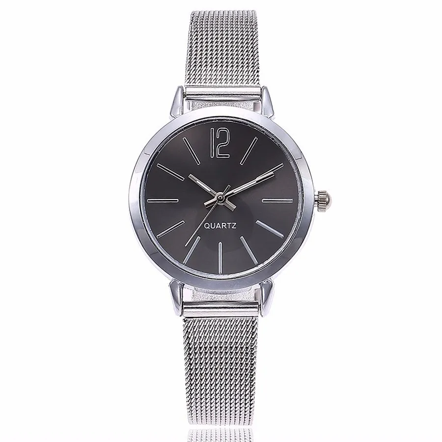silver black Модные женские часы из нержавеющей стали, серебряные, золотые, с сеткой, уникальные простые часы, повседневные кварцевые наручные часы, часы, горячая распродажа - Цвет: silver black