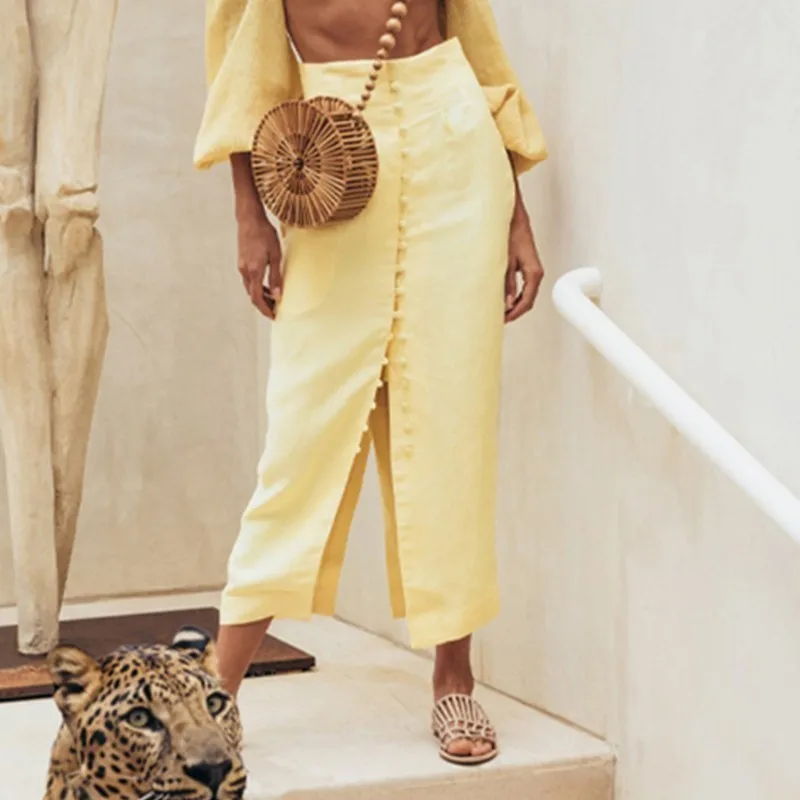yellow TWOTWINSTYLE Корейская Однотонная юбка для женщин с высокой талией и пуговицами, облегающая юбка миди, женская модная одежда, летняя Новинка - Color: yellow